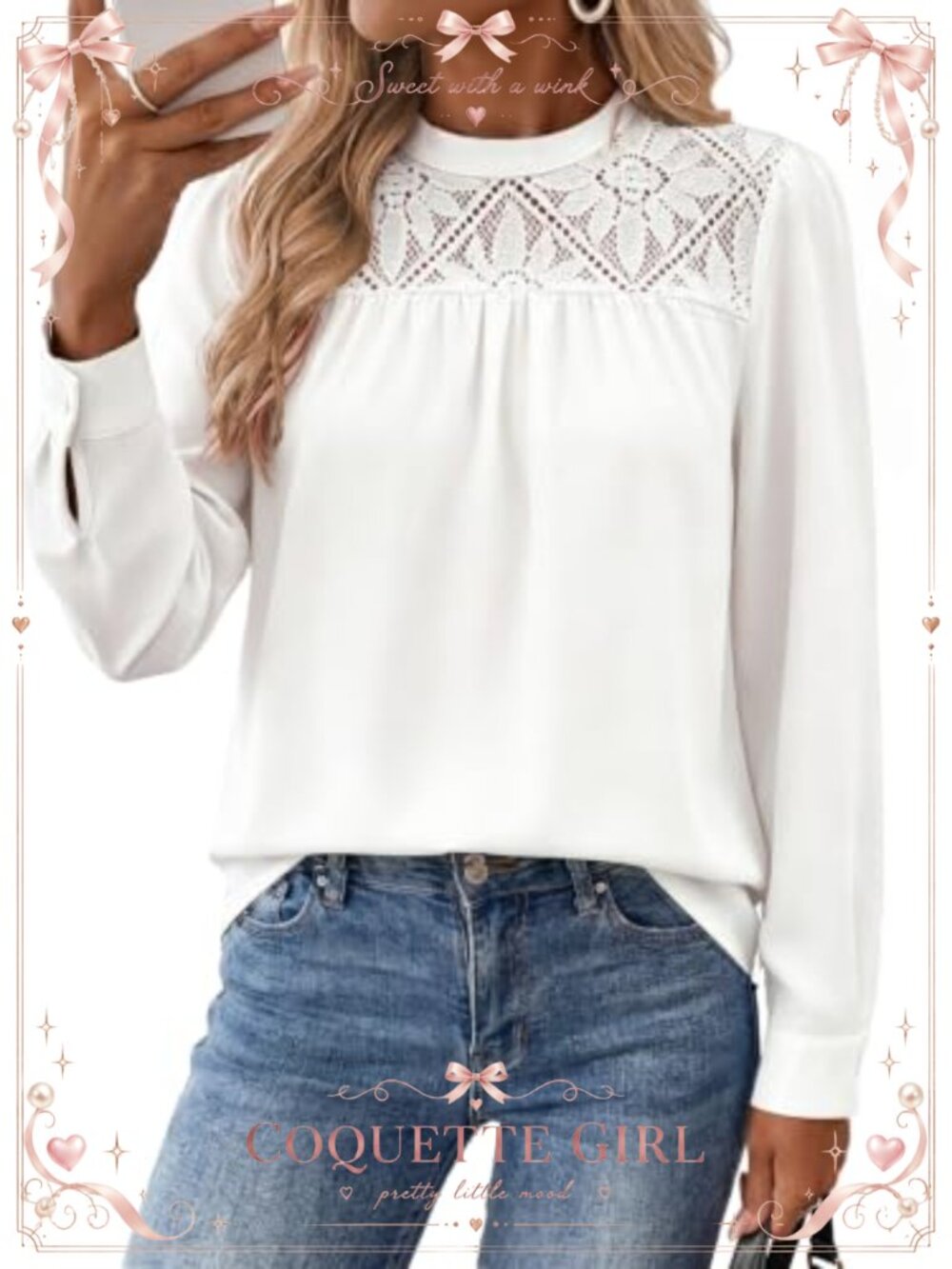 Long Sleeve Lace Mock Neck Chiffon Blouse Dressy Casual Top